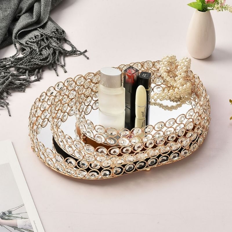 Elegant golden diamond pearl decorative storage trays.