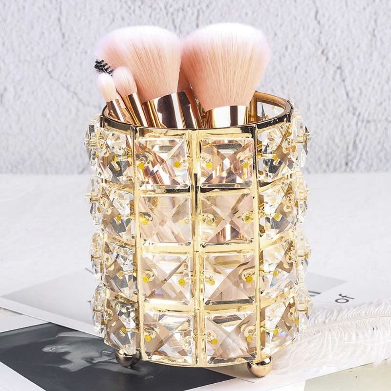 Gold diamond pearl makeup brush holder decorative storage jar.