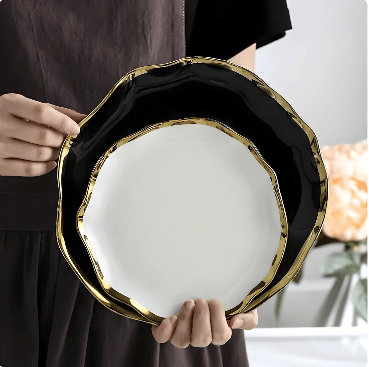 Gold Rim Dinnerware Plates / Black Tableware White black beekindled