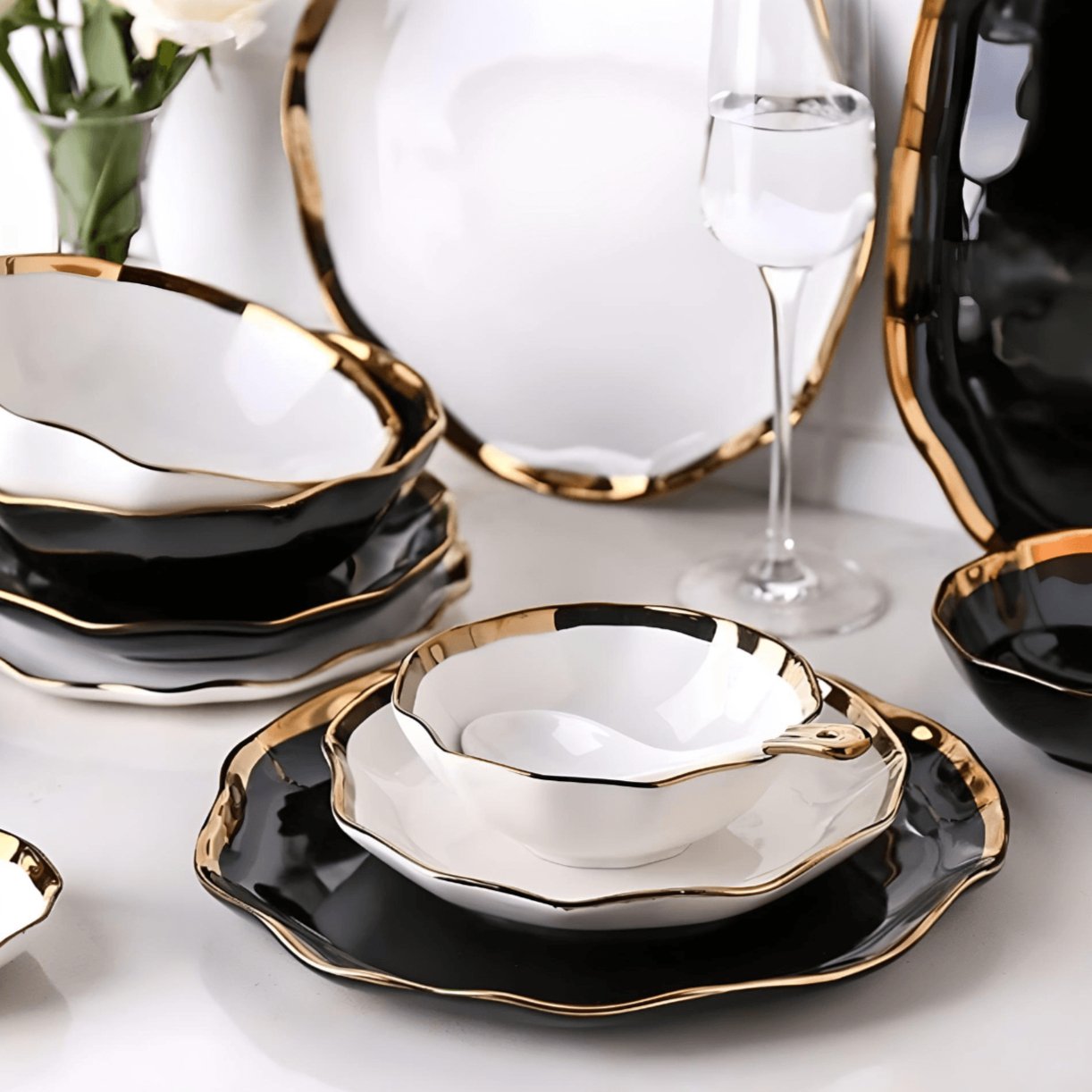 Gold Rim Dinnerware Plates / Black Tableware White black beekindled