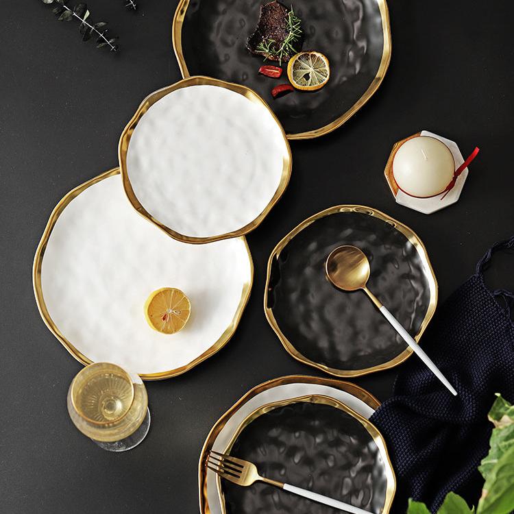 Gold Rim Dinnerware Plates / Black Tableware White black beekindled