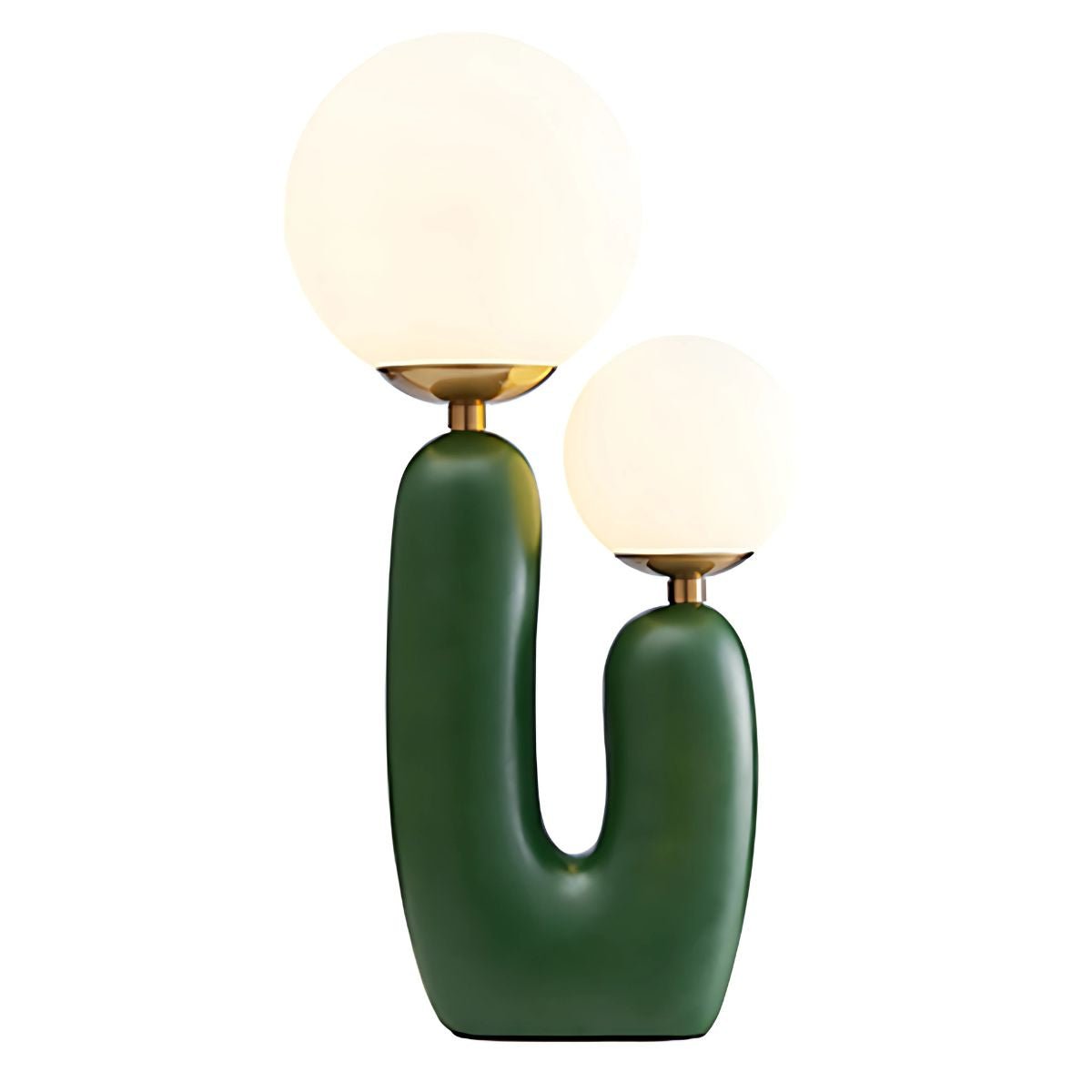 Green, cactus shaped lamp with two light bulbs.