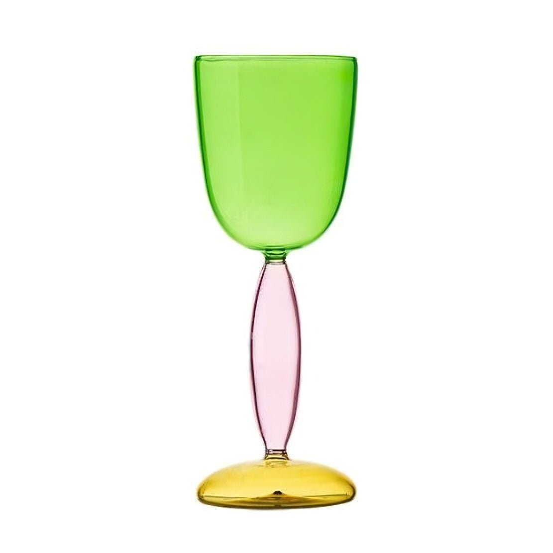 Green glass goblet with pink stem and yellow bottom.