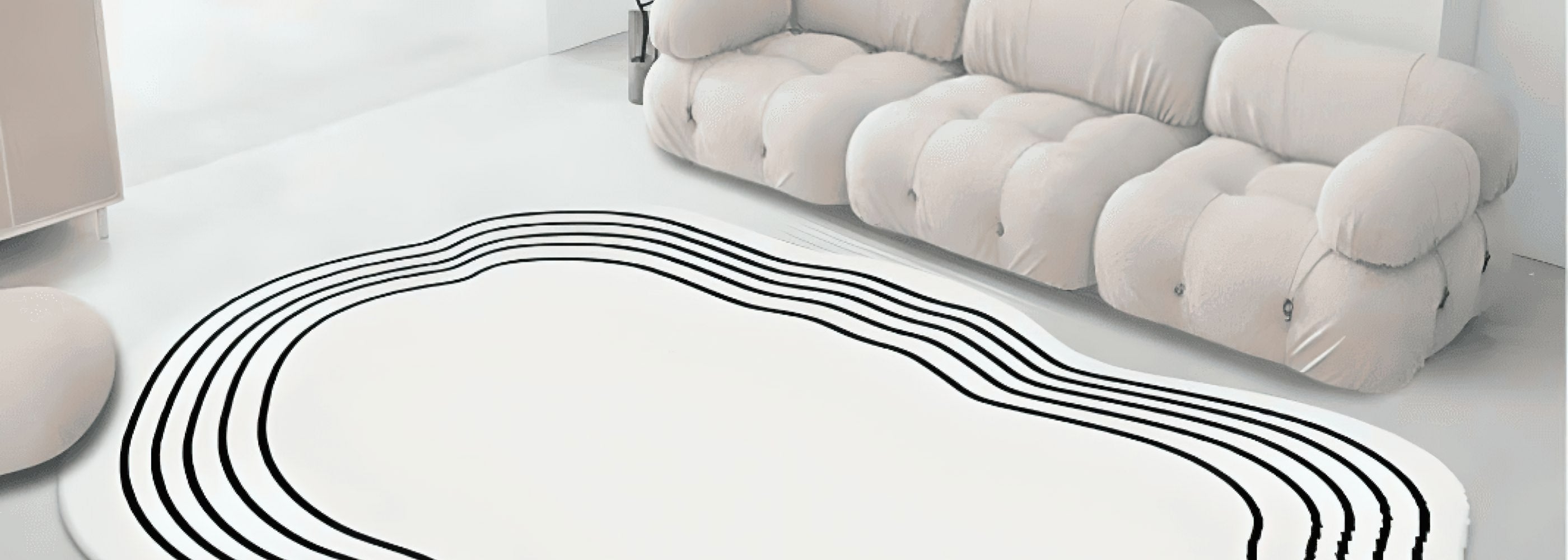 Nordic livingroom decor white asymmetrical rug and bubble couch