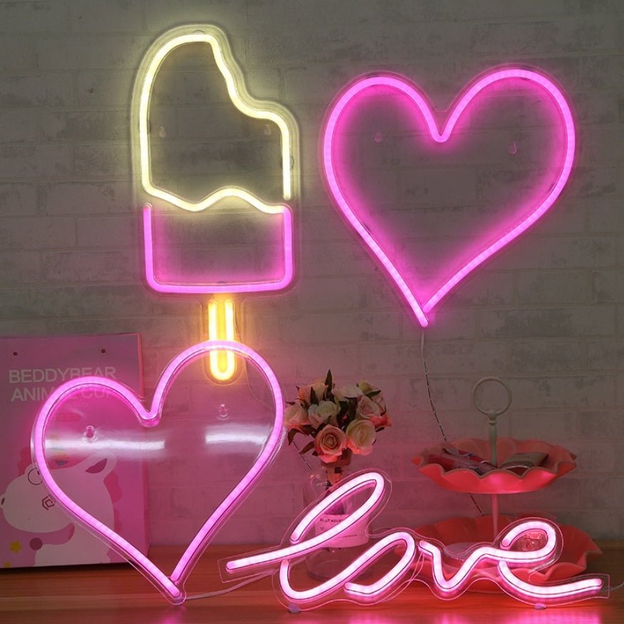Glowing pink LED sign lights.