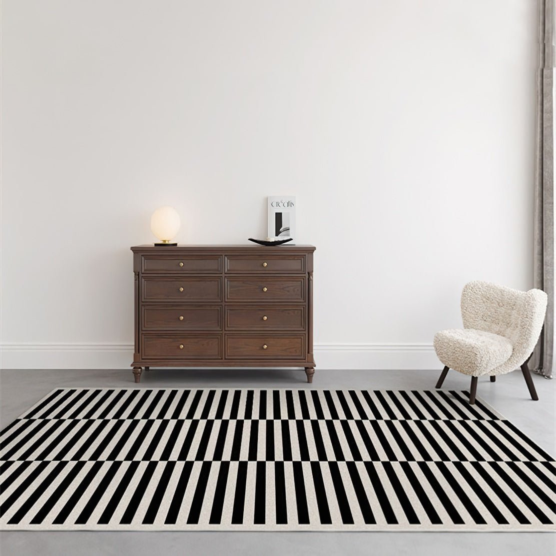 Nordic living room with a black and white striped area floor carpet.