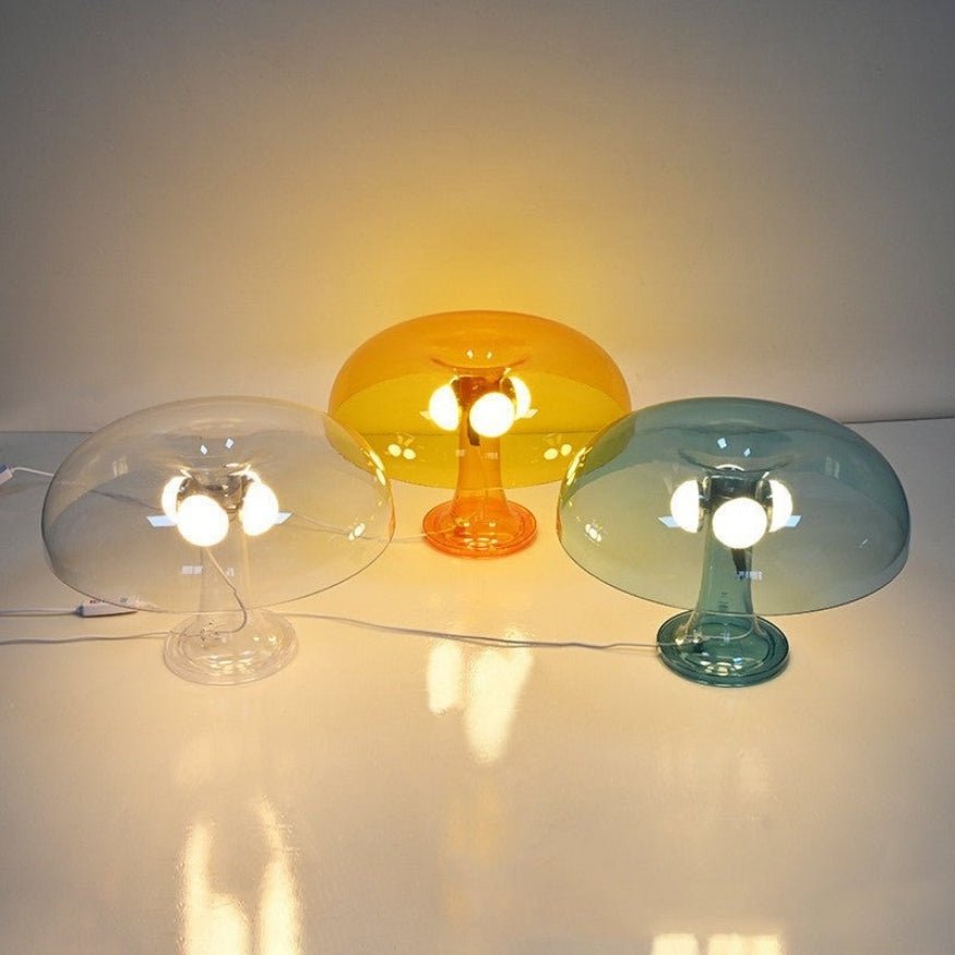 Transparent plastic colourful mushroom table lamps.