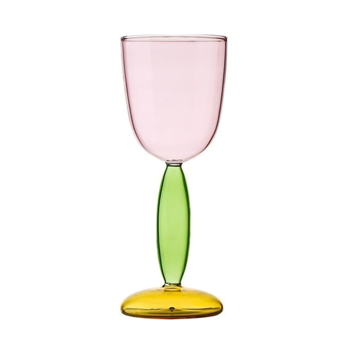 Pink glass goblet with green stem and yellow bottom.