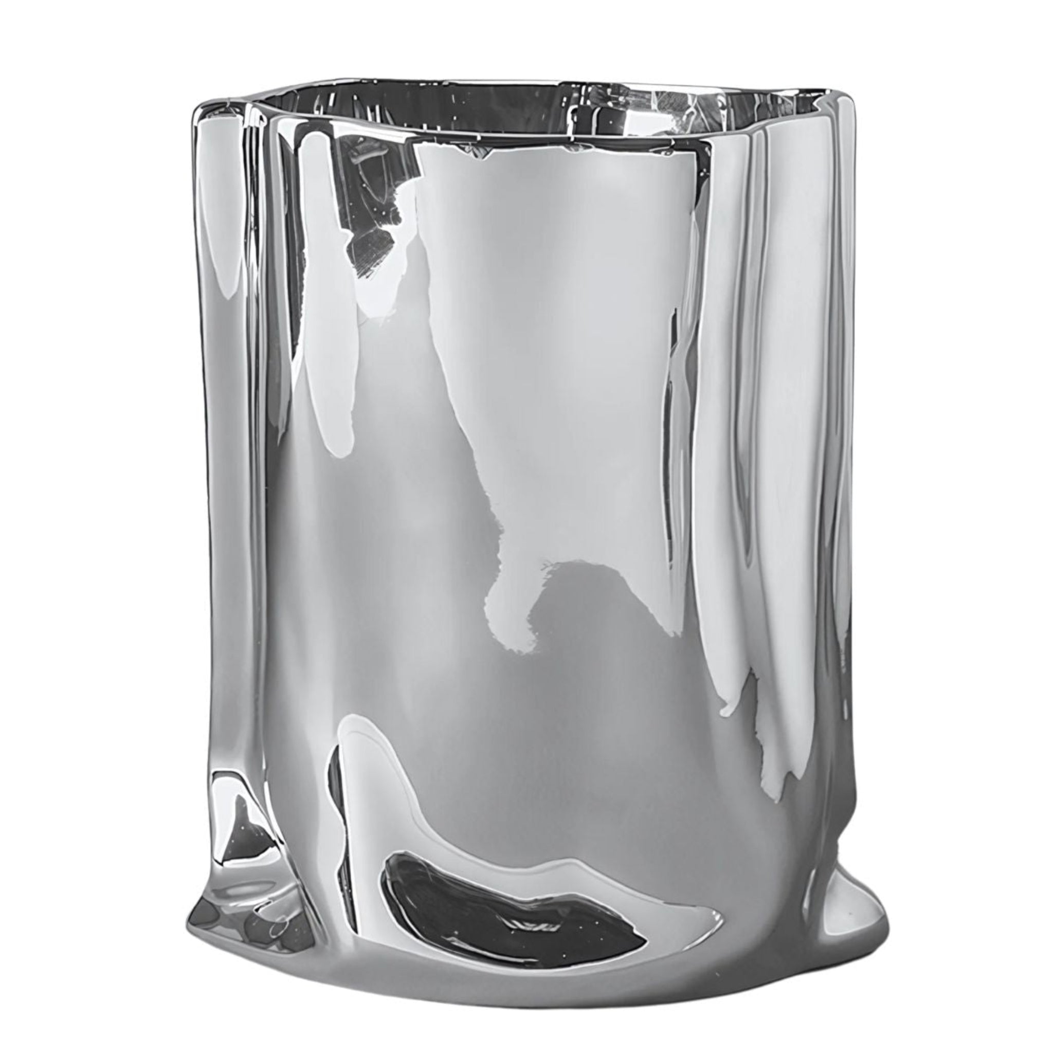 Electroplated silver ceramic bag vase.