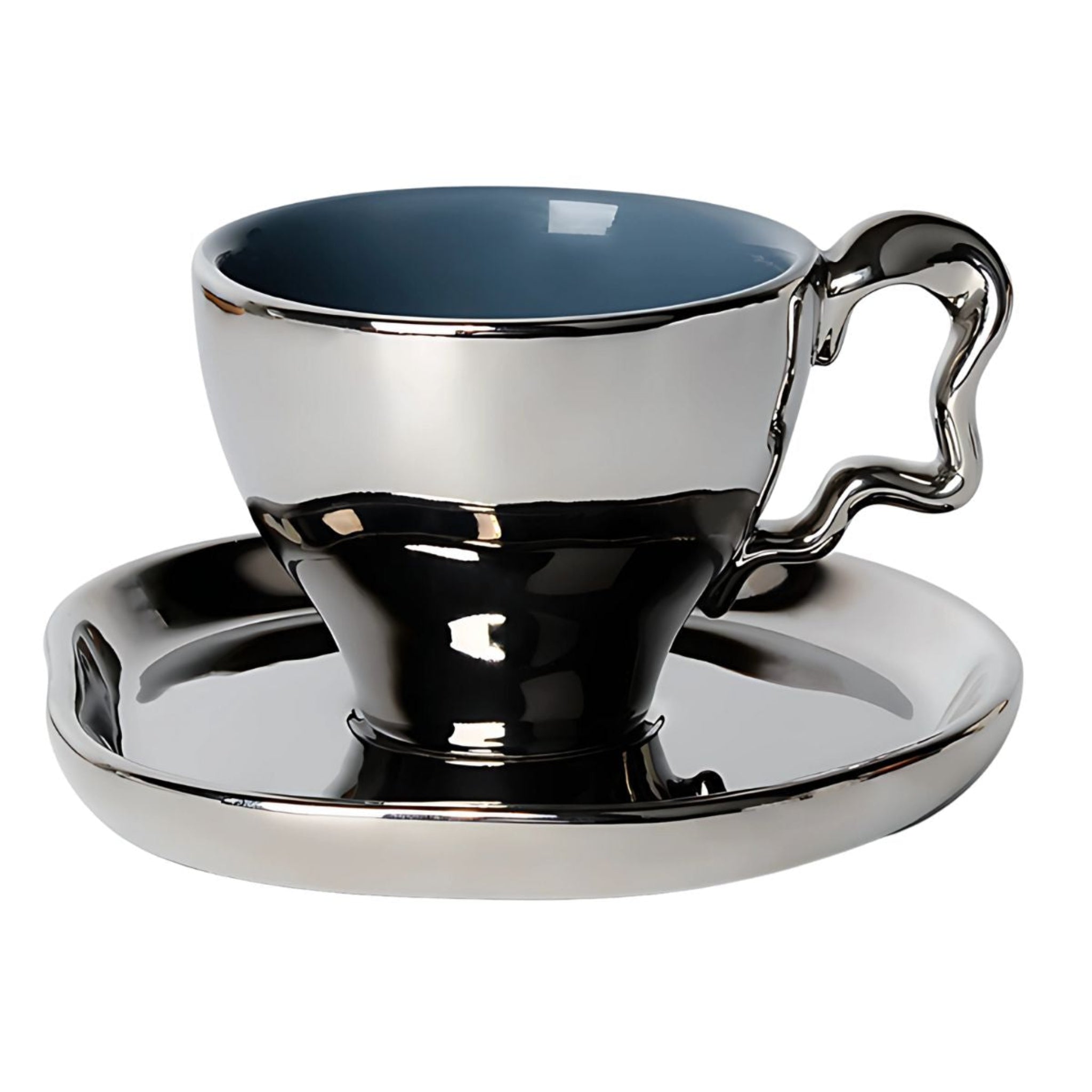 A silver chrome tea set including a tea cup with matching saucer.