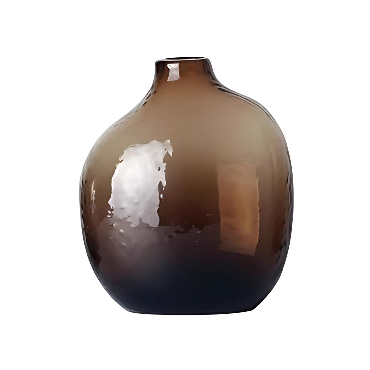 Low, brown glass vase.