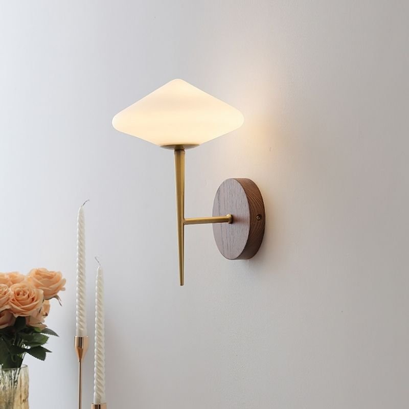 Modern wall lamp with a diamond shape design and wooden material.