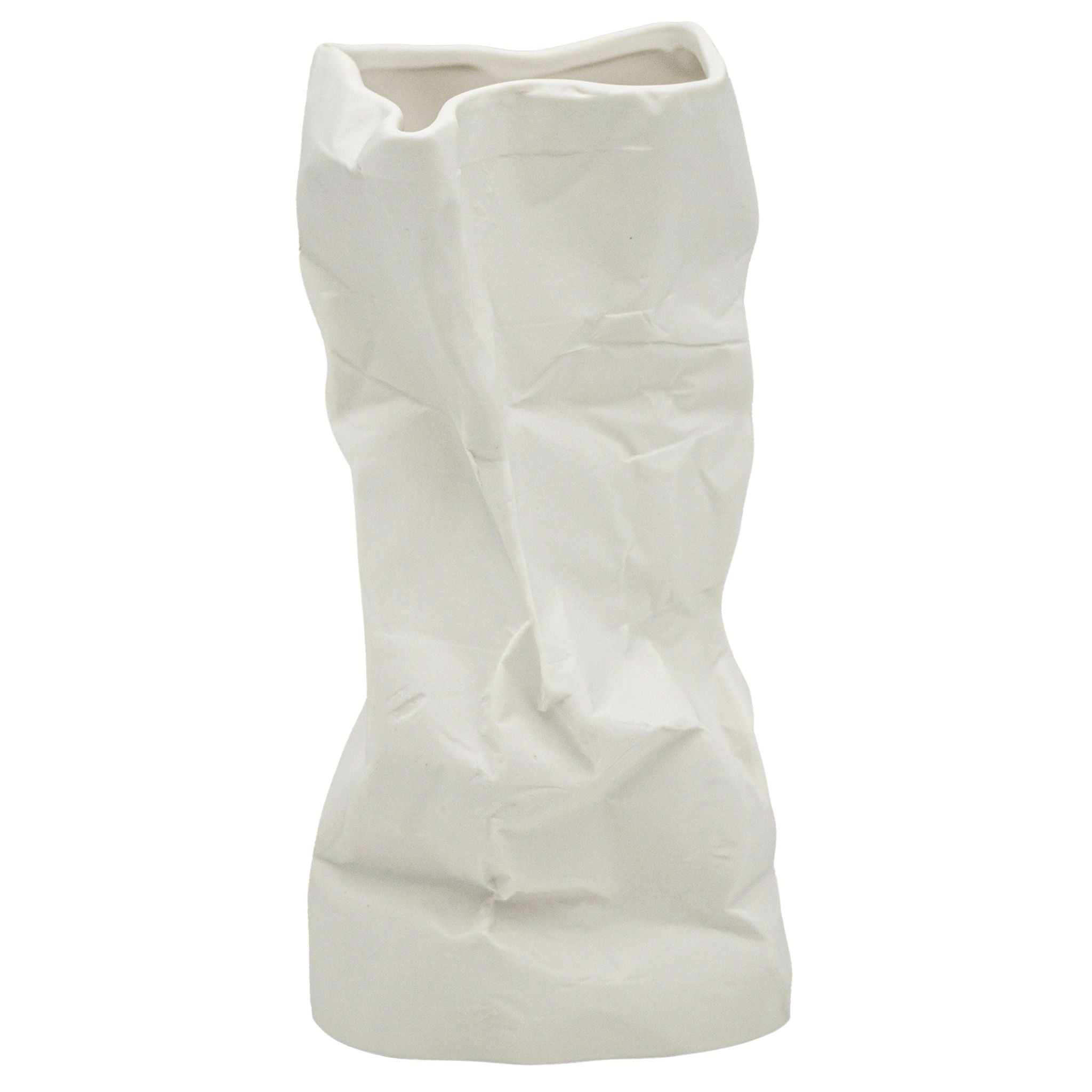 White, ceramic, paper bag design decorative vase.