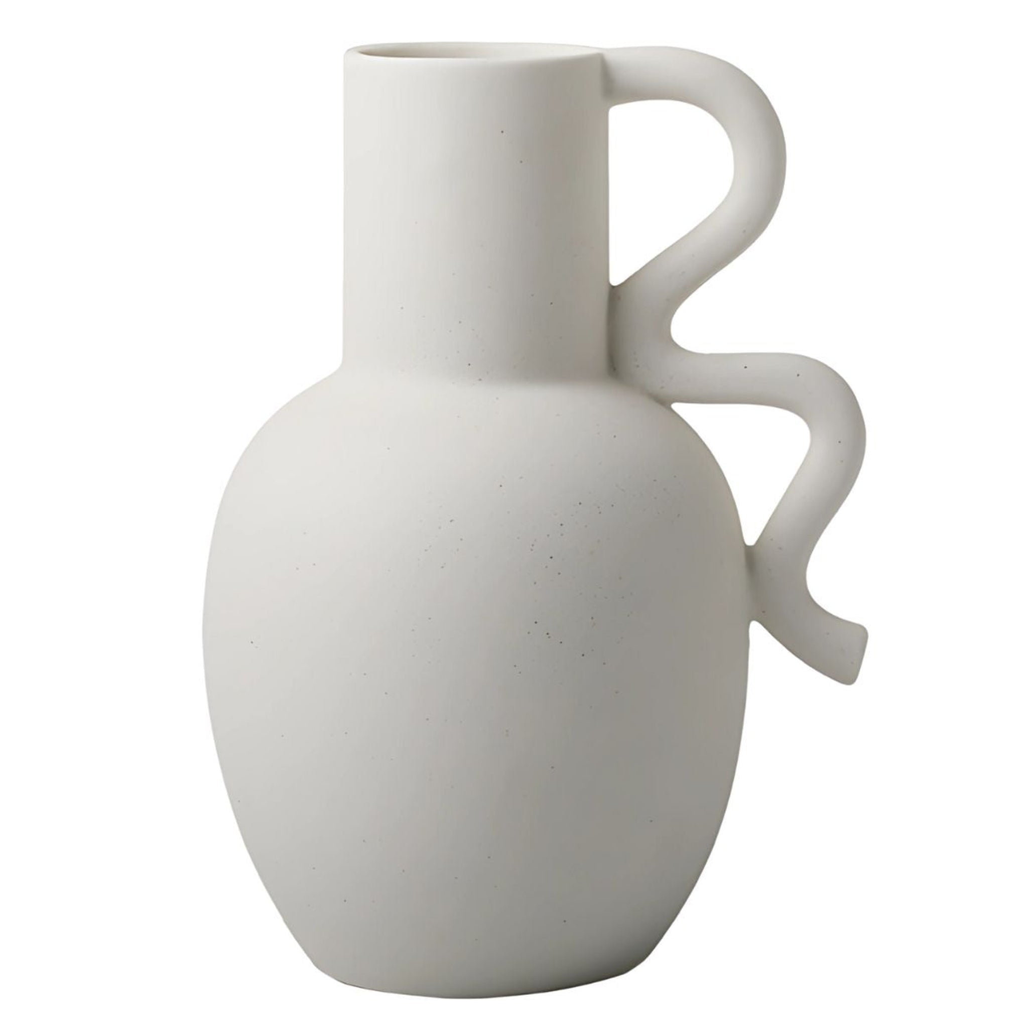 White, ceramic pitcher vase with wavy handle.