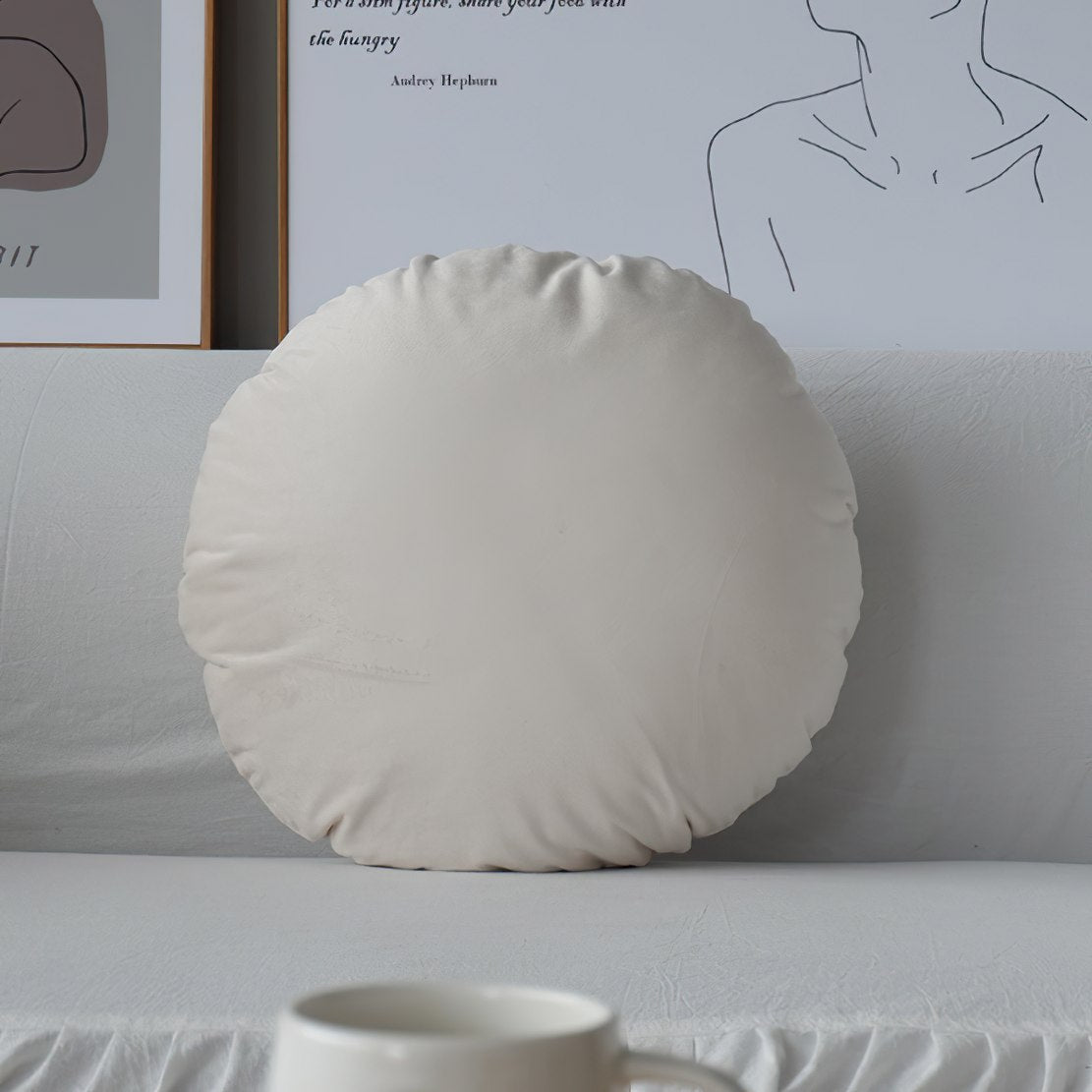 White, minimalist round throw pillow
