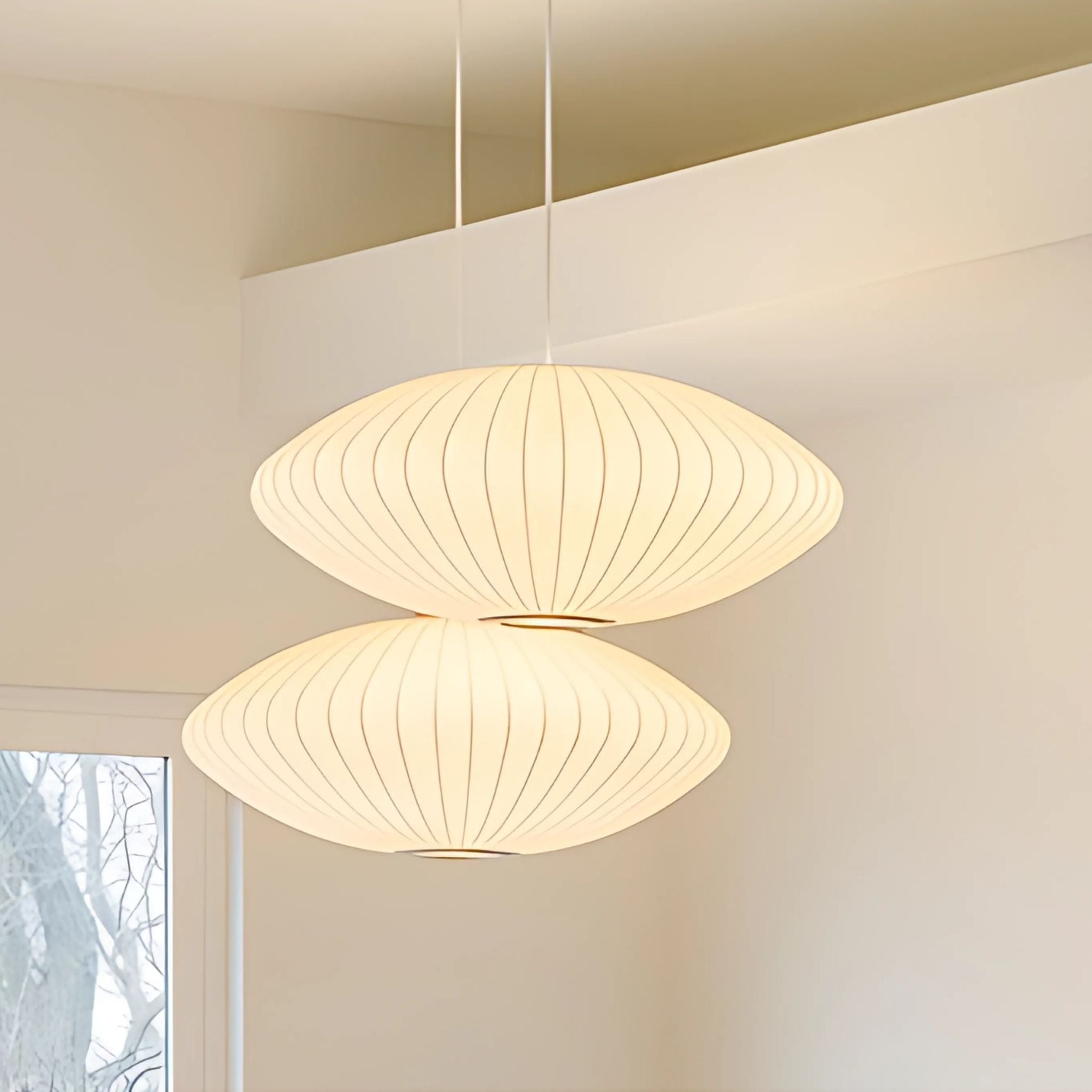 Elegant, white fabric pendant lamp shades ceiling lighting.
