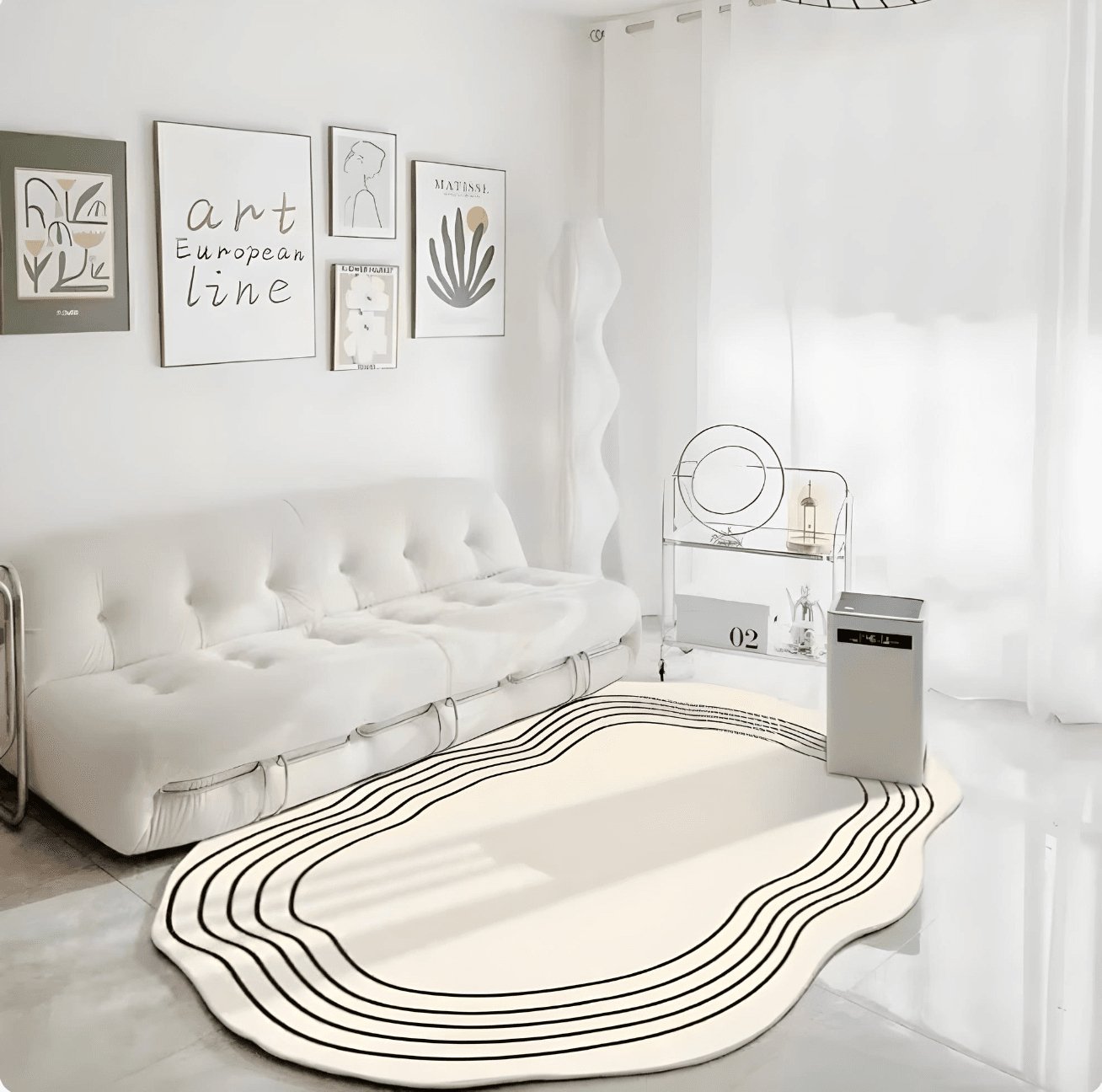 white living room area rug with irregular black lines design.