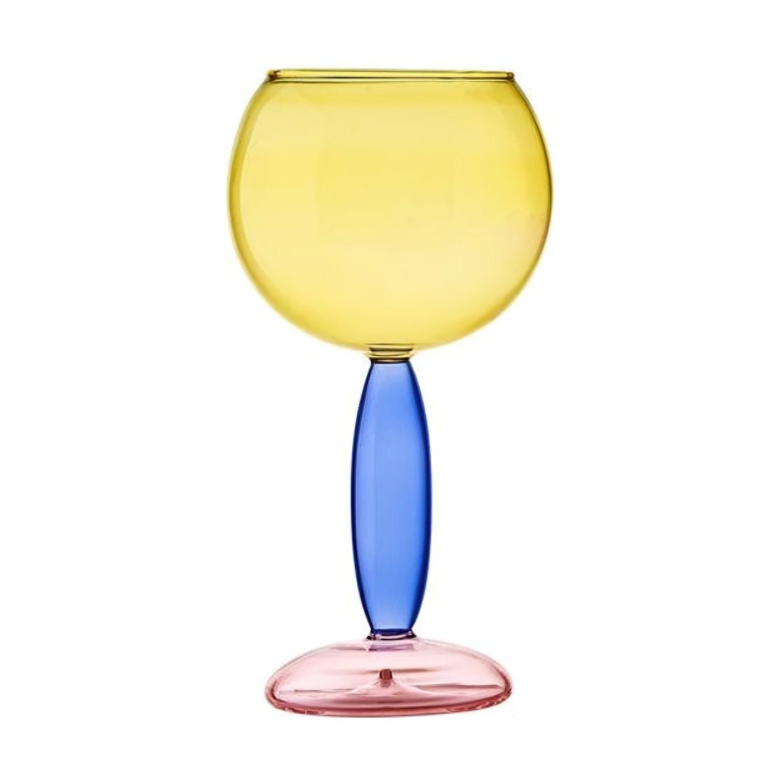 Yellow glass goblet with blue stem and pink bottom.