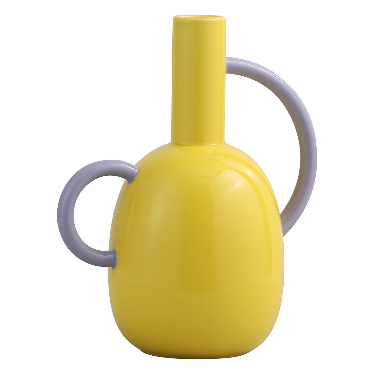 Yellow bottle pitcher vase with purple handle.