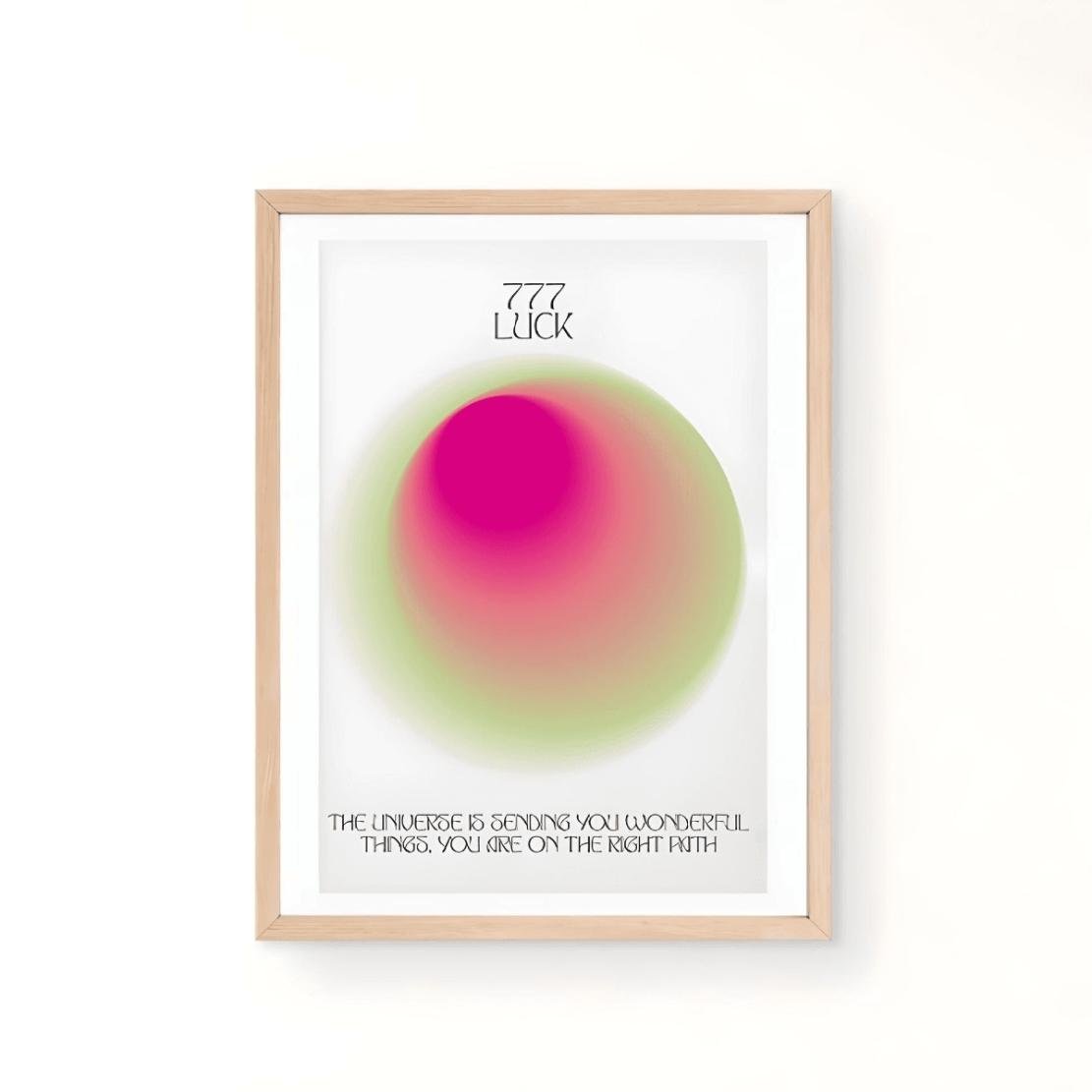 Angel number poster 777, pink green aura orb art print