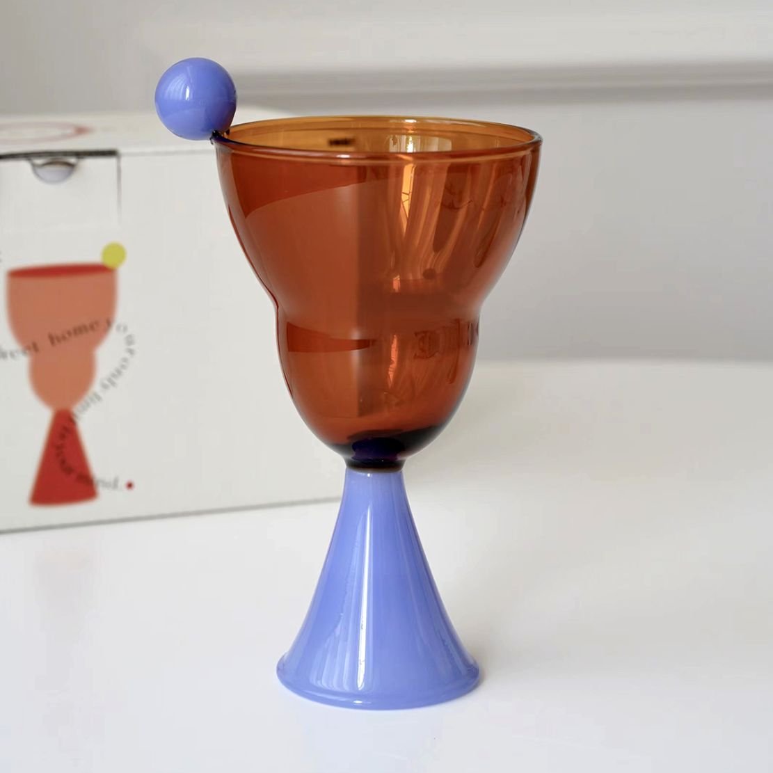 Amber & blue glass trumpet shaped drinkware