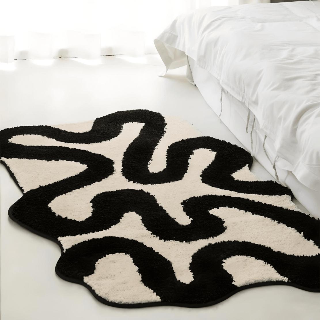 Black asymmetrical line art floor carpet bedside rug