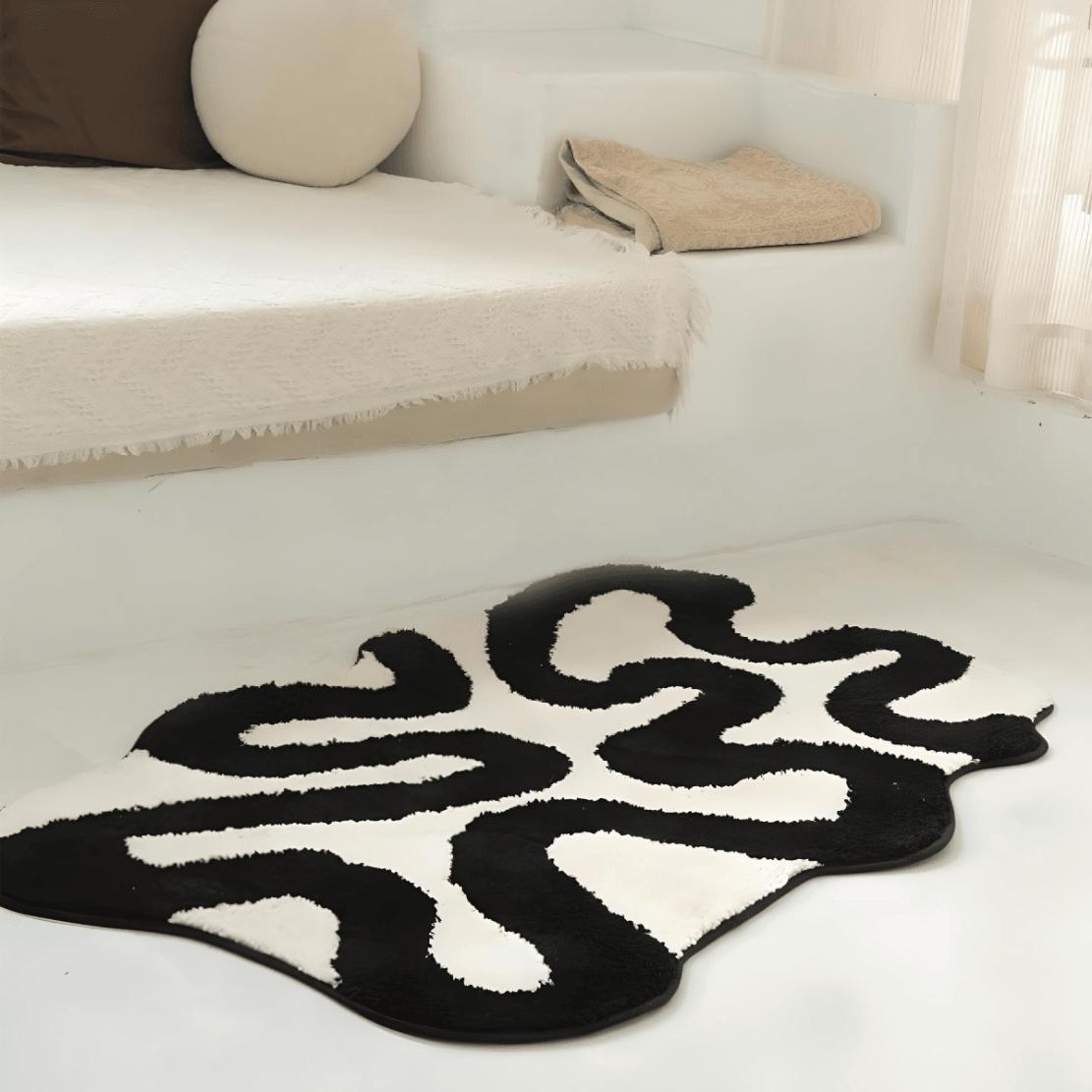 Black asymmetrical line art floor carpet