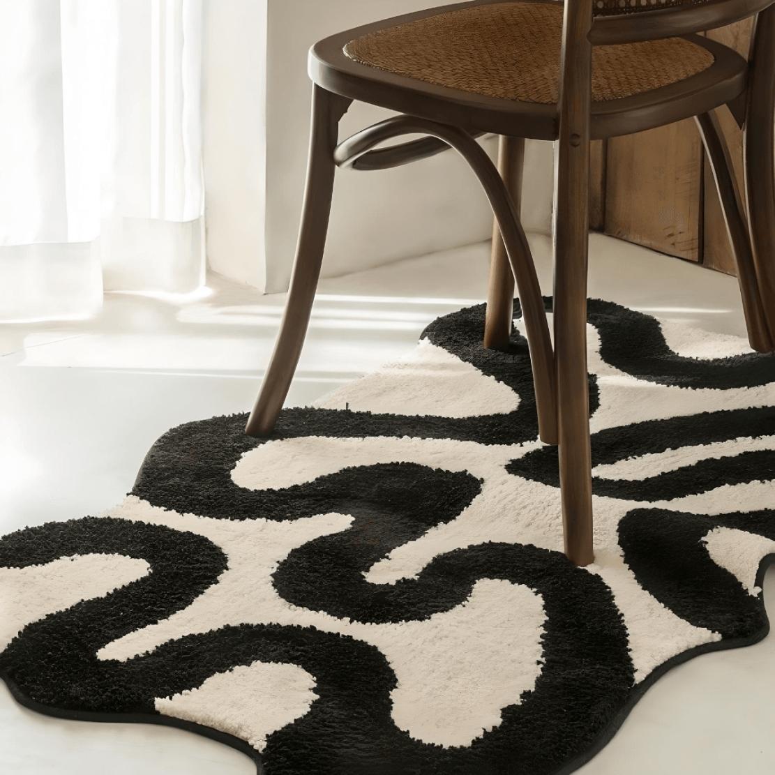 Asymmetrical line art floor carpet rug under wooden chair
