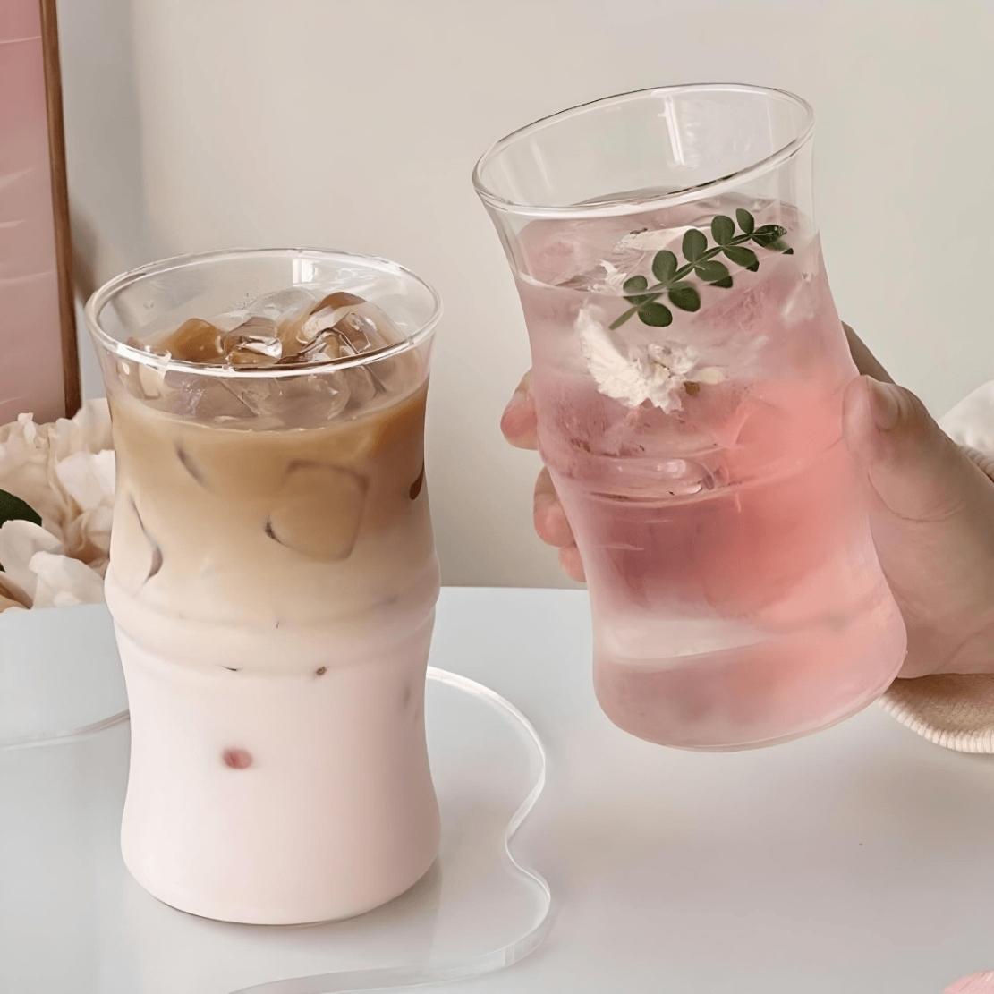 Bamboo shape glass drinkware with ice coffee pink soda
