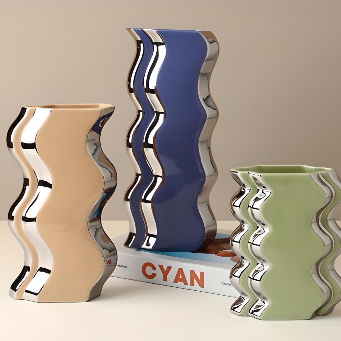 Beige, blue & green irregular wavy vases with silver lines