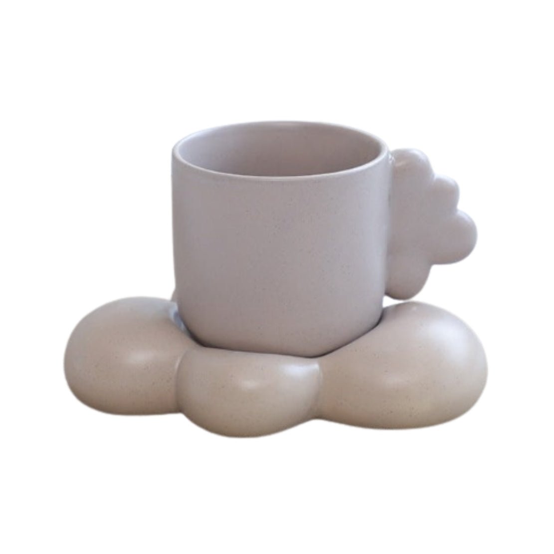 Beige grey'ish ceramic mug with cloud handle and saucer