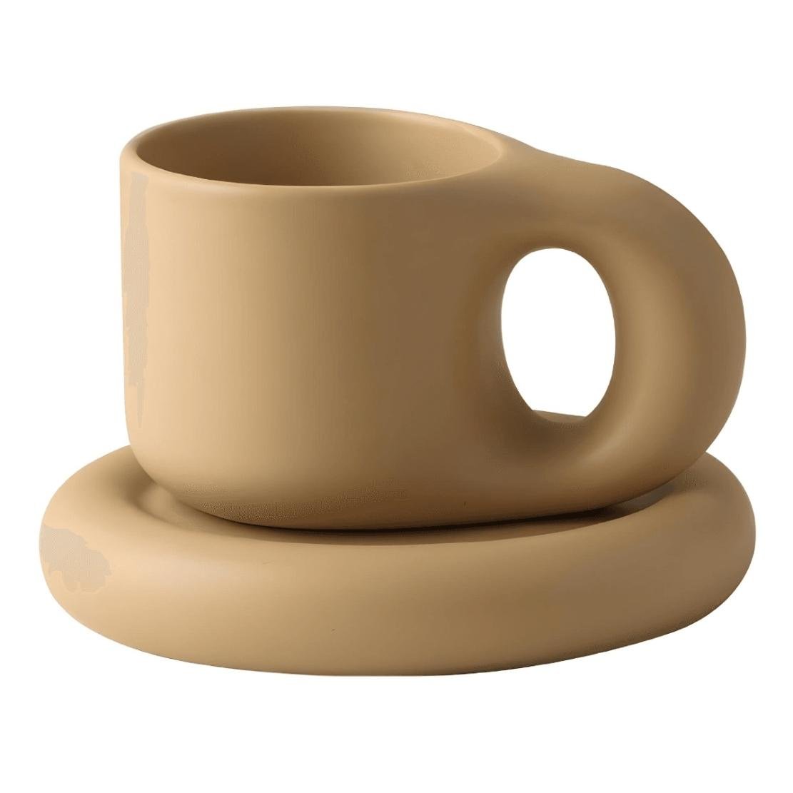 Beige chunky ceramic mug and saucer