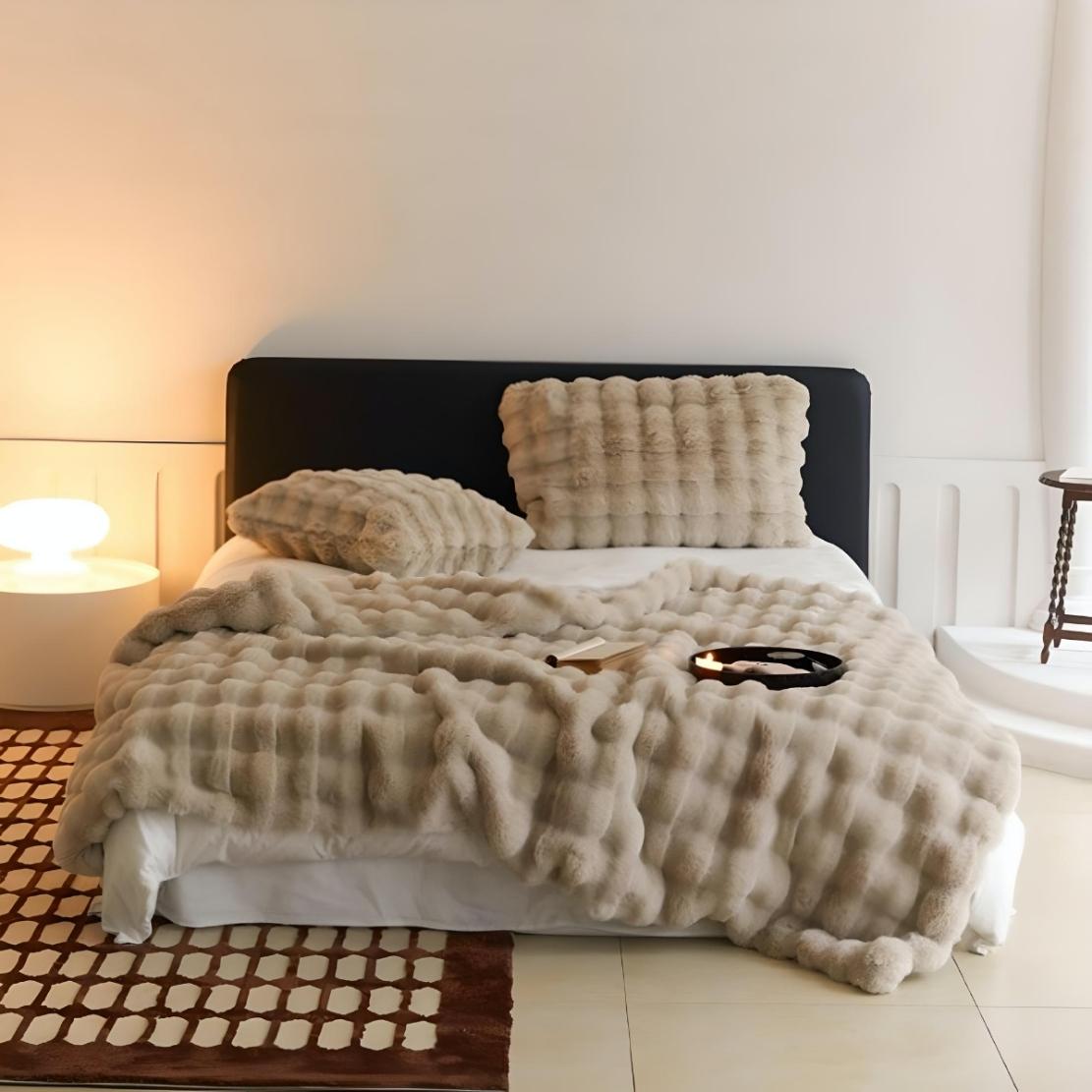 Beige fluffy soft bedding set blanket pillows