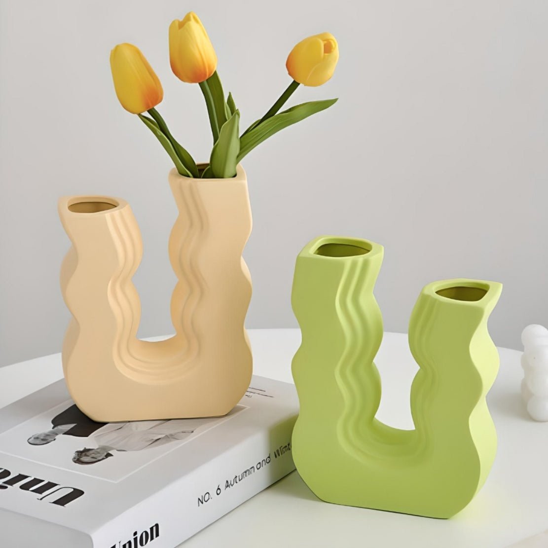 Beige & green ceramic wiggle shape U vases