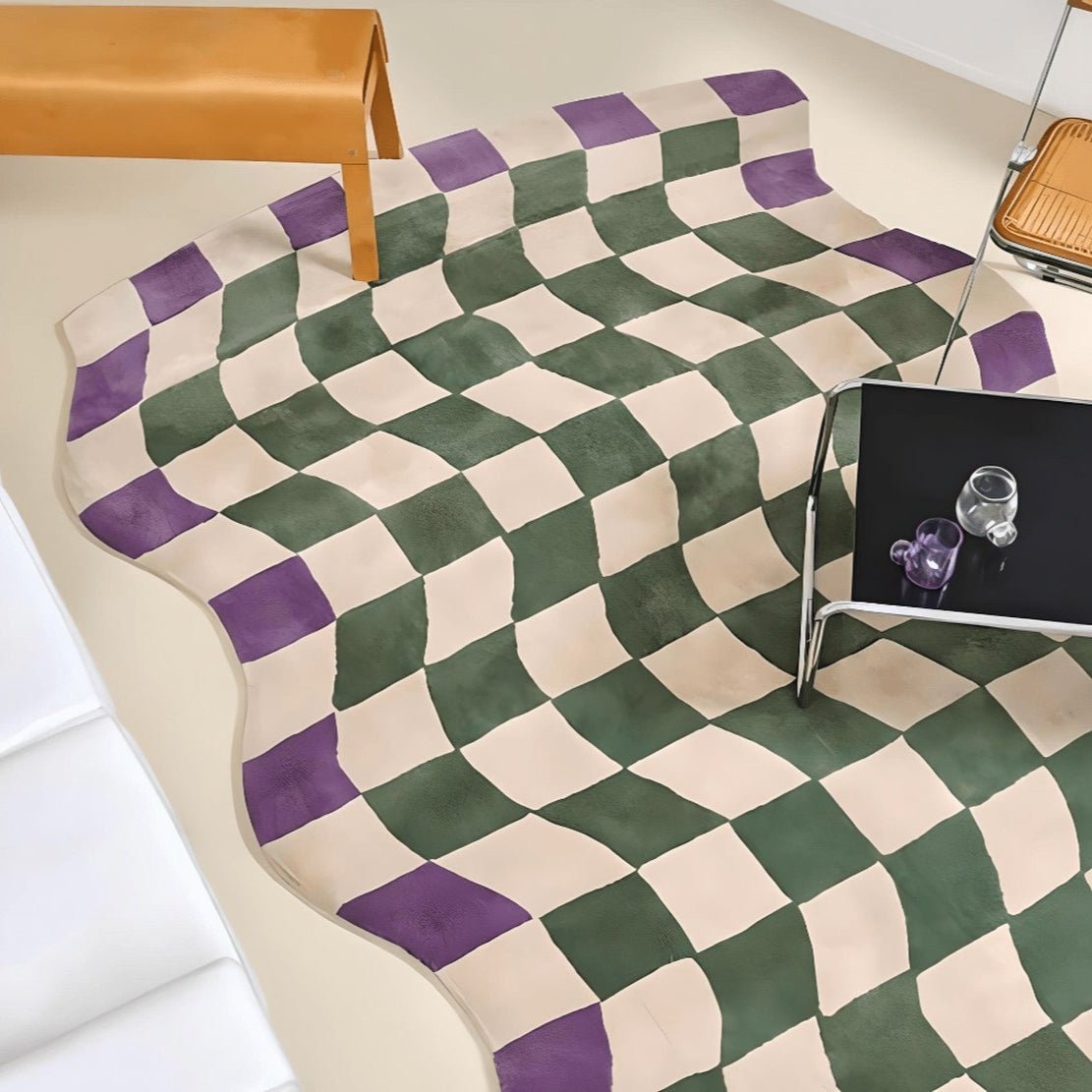 Green & purple retro checkered wavy decorative floor rug
