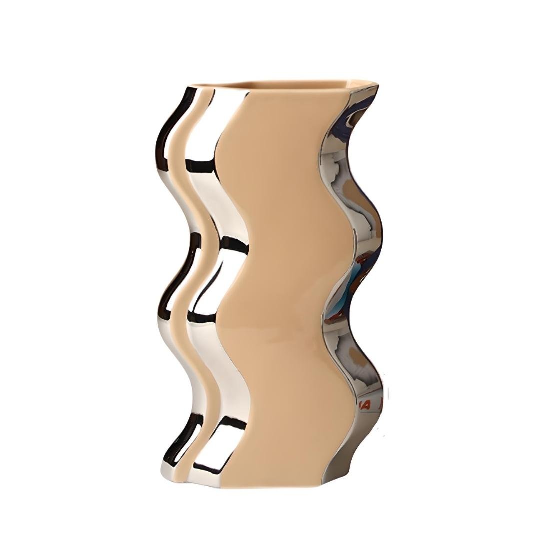 Beige, silver line irregular ceramic vase