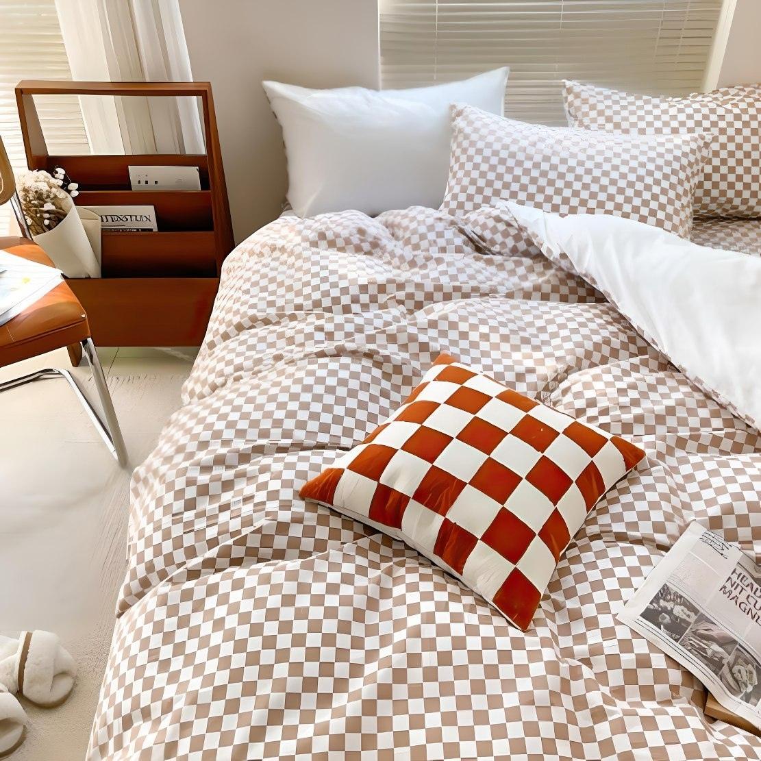 Beige white small pastel checkerboard pattern bedding set