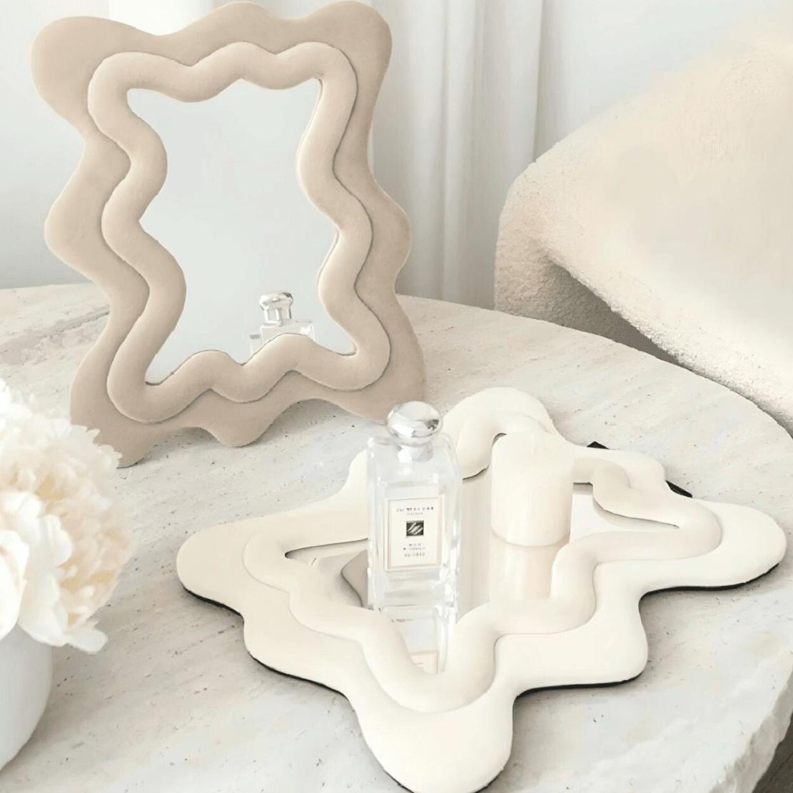 Beige & white, fabric wiggle frame decorative table mirrors