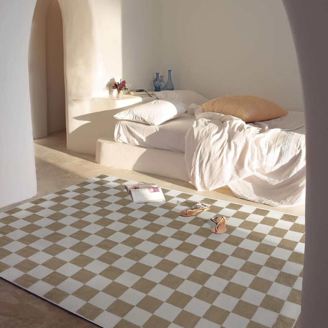 Beige white checkerboard floor bedroom carpet