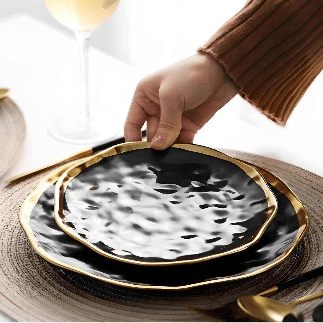 Elegant dining ware set / Black porcelain plate with gold rum