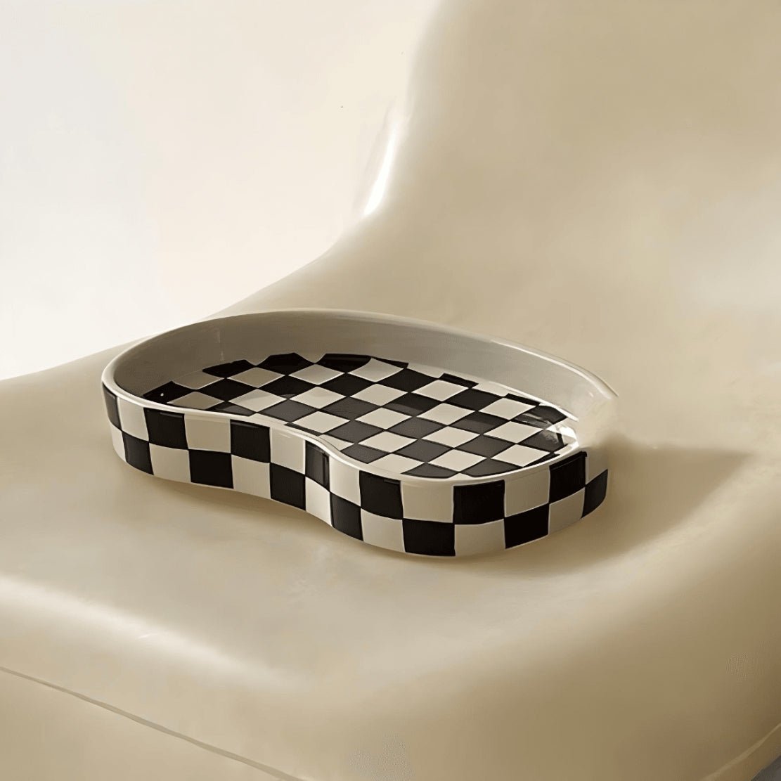 Black white checkerboard ceramic pond shaped plate