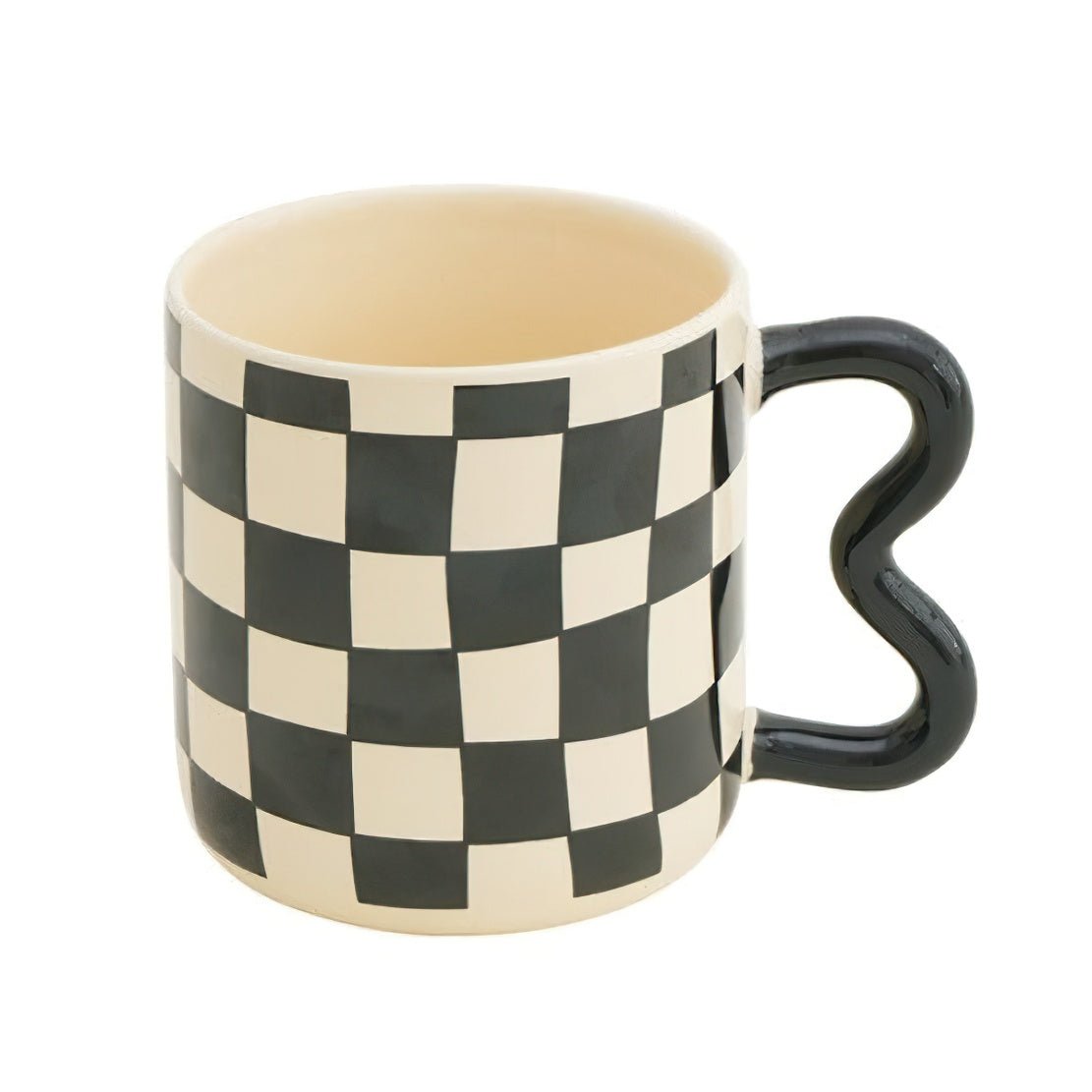 Black white checkered squiggle handle mug