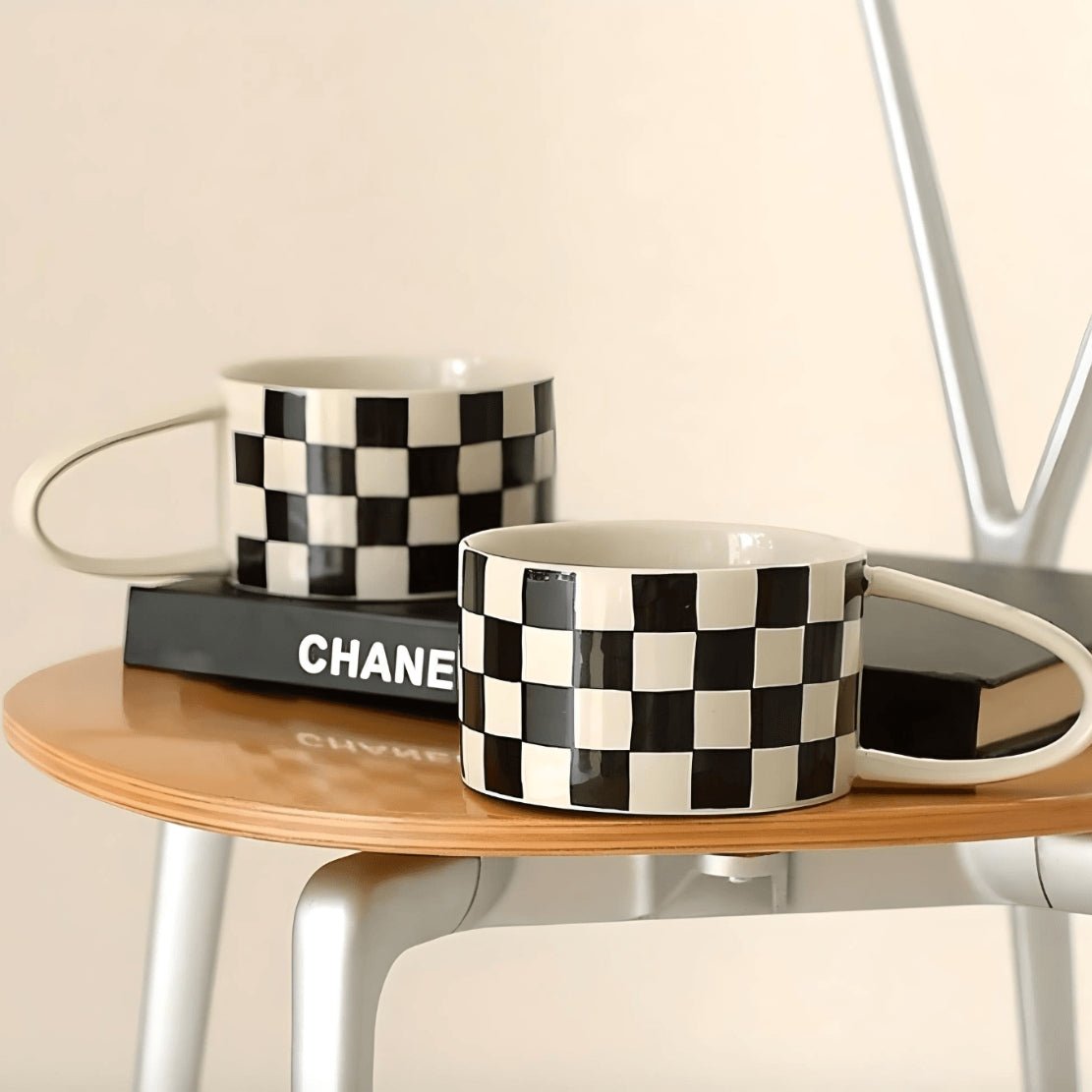 Black white checkerboard ceramic mugs