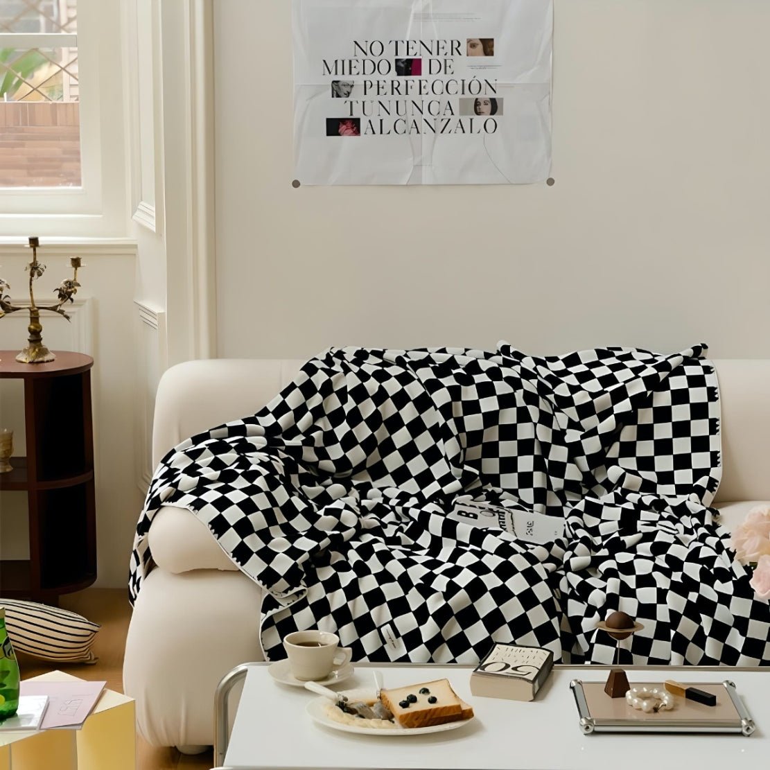 Black white checkerboard fleece blanket