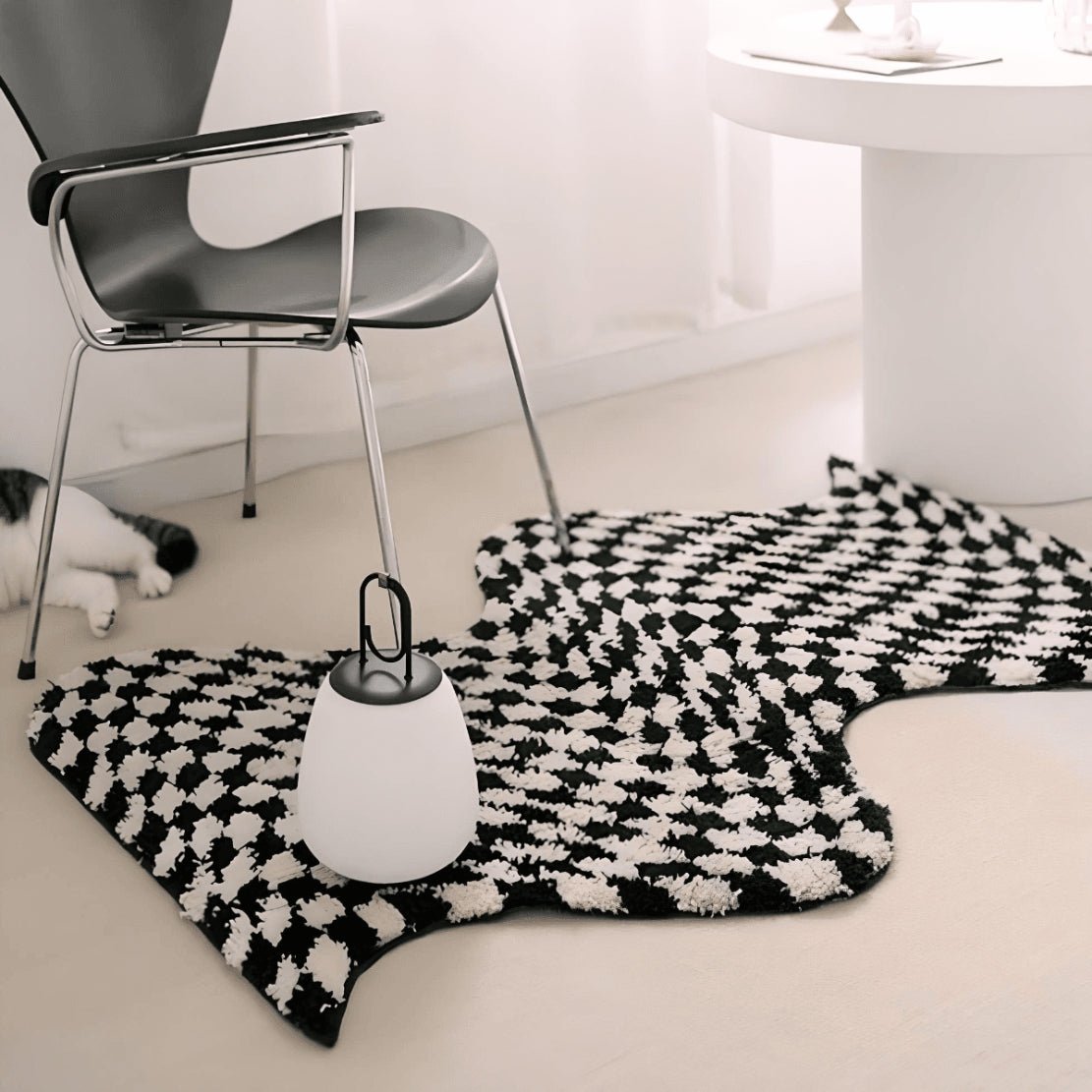 Black white checkerboard irregular wavy floor rug