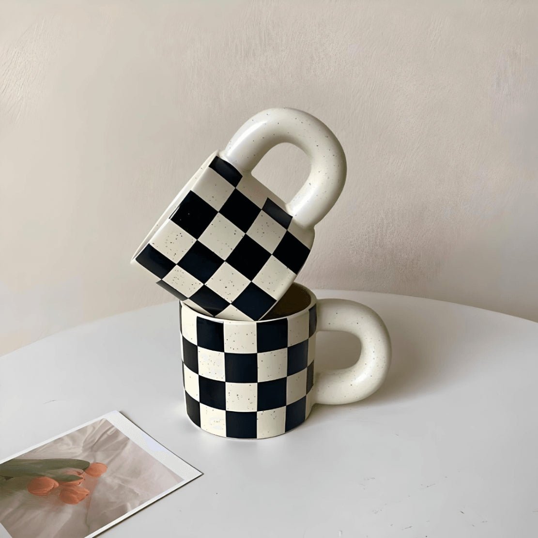 Black white check mug with chunky handle