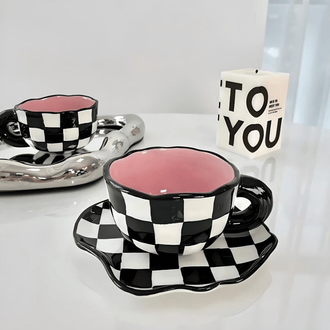 Black white pink irregular ceramic checkerboard mug and saucer