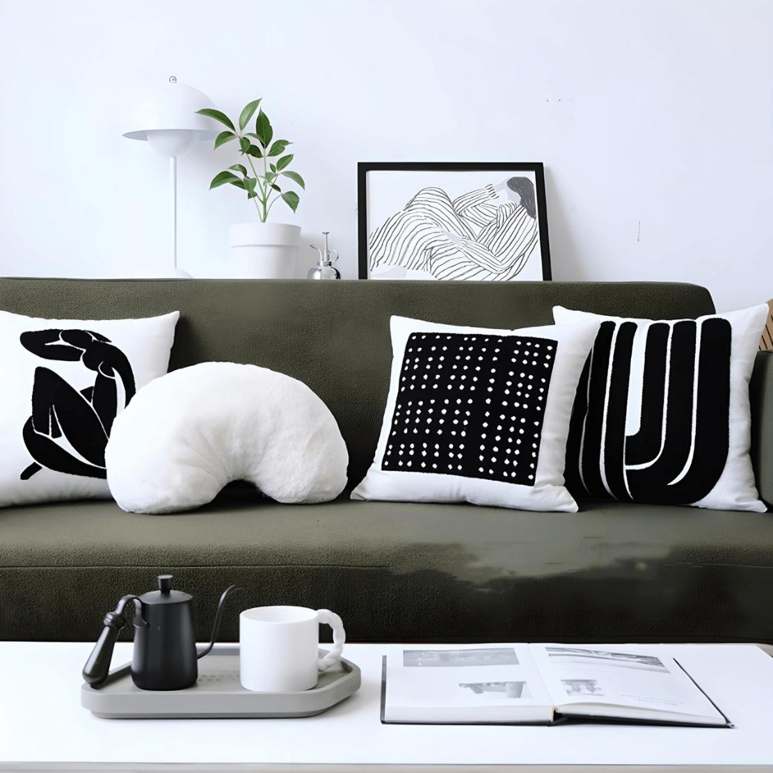 black & white patterned decorative sofa pillows.