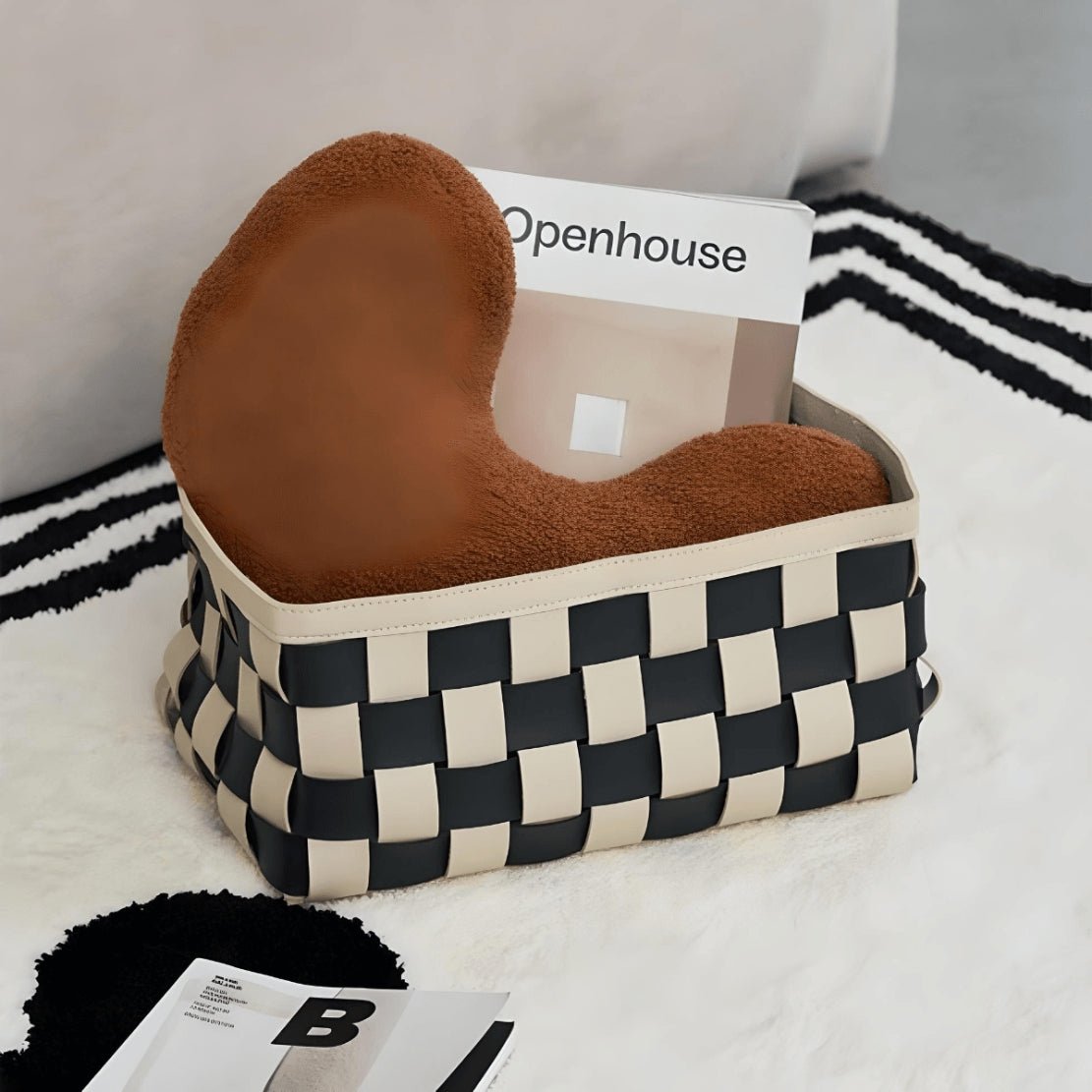Black white check PU leather storage basket with brown pillow and magazine