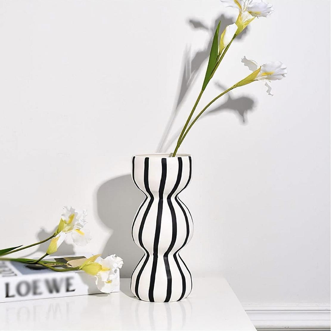 White bubble candy vase with black stipes